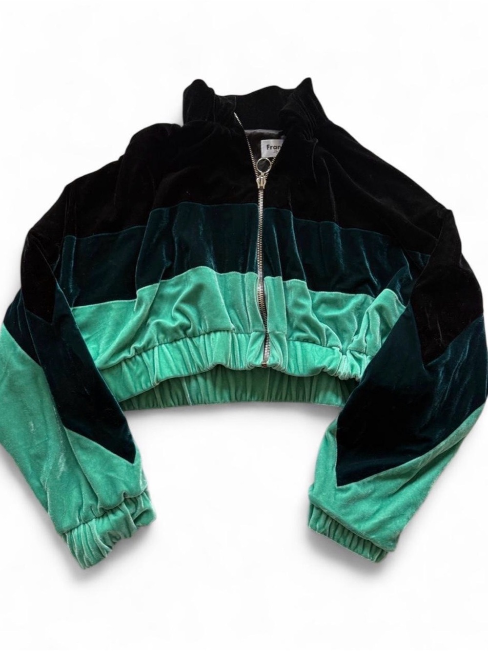 Frankie B. Green/Black Cropped Velvet Bomber Jacket. Size: M